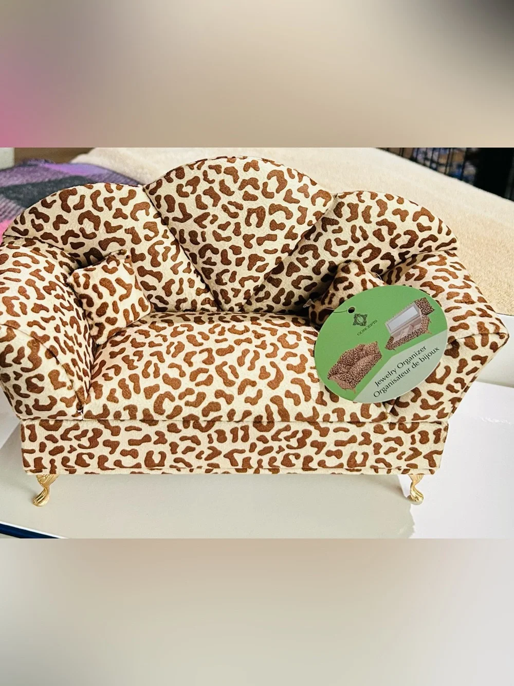 Leopard Print Jewelry Organizer Box with Mirror - Beige